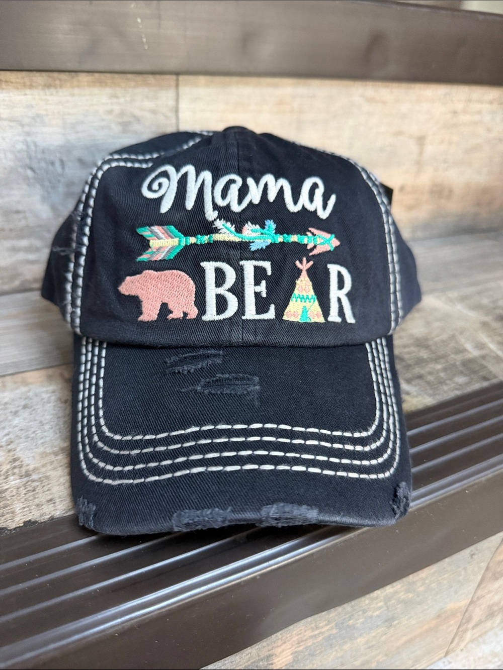 NWT KBETHOS Black 'Mama Bear' Embroidered Cap with Multicolor Accents